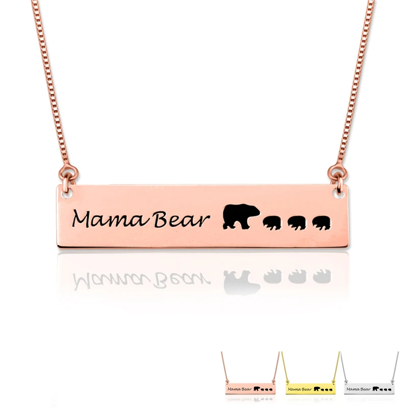 Custom Mama Bear Bar Necklace Personalized Mother Gift Rose Gold Plated Square Pendant Necklace Jewelry For Men Women Family