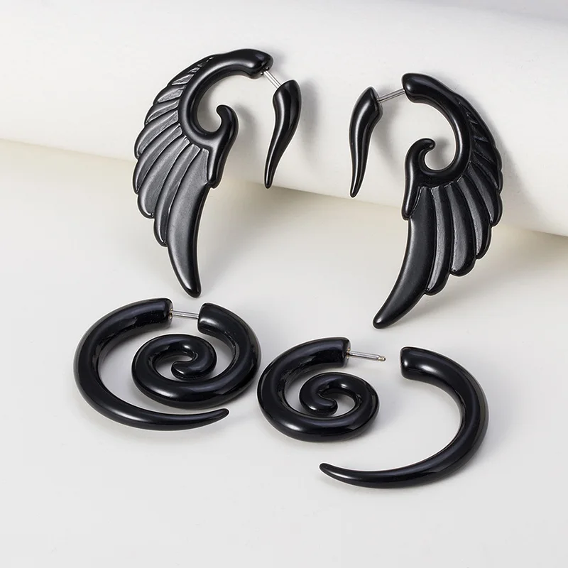 2pairs Acrylic Fake Ear Plug Tunnel Flesh Earring Gauge Spiral Taper Swirl Wing Stud Cheater Stretcher Expander Piercing Jewelry