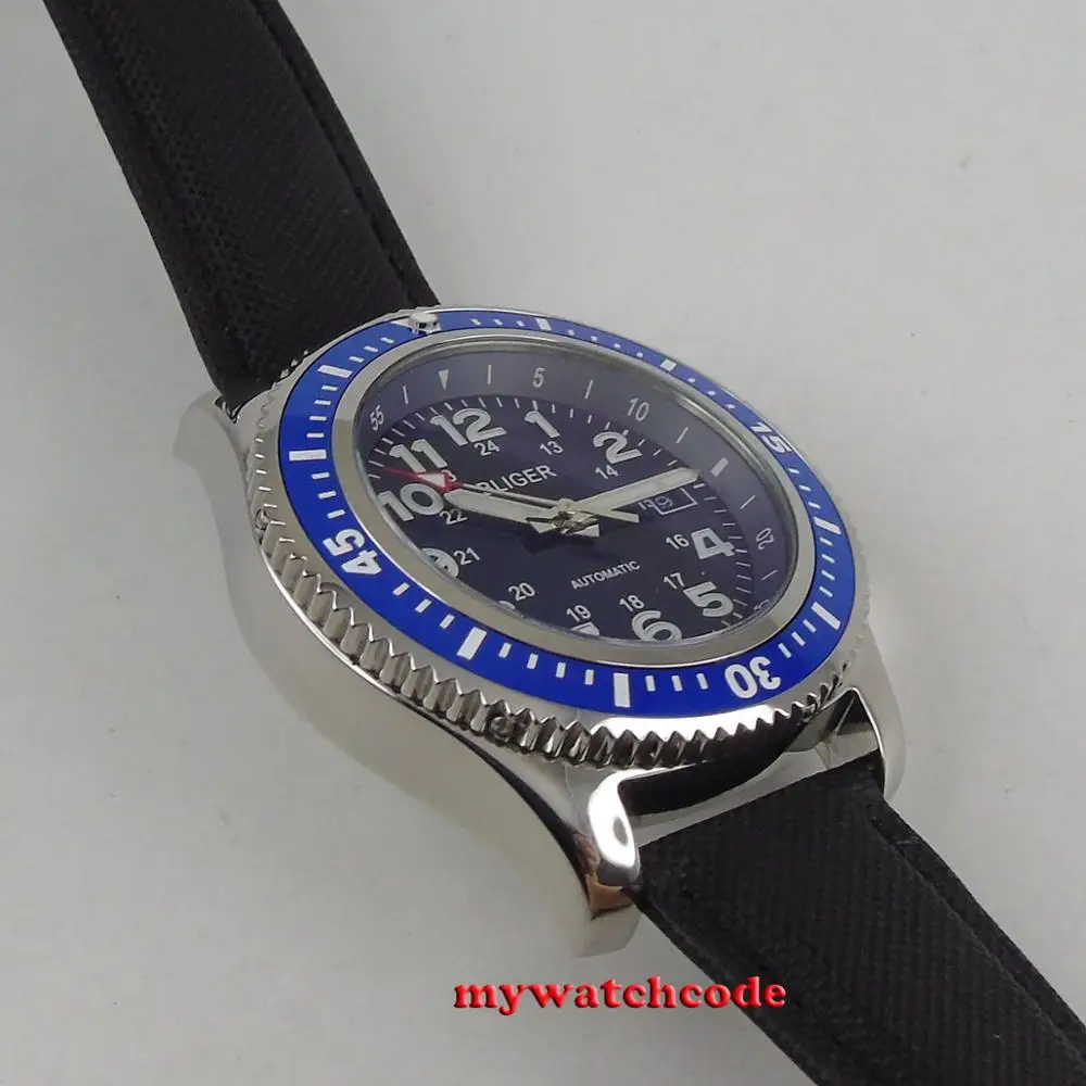 BLIGER-Correa de cuero con esfera azul para hombre, reloj Masculino con bisel giratorio, fecha, ventana, Mingzhu/MIYOTA, movimiento automático, 44mm