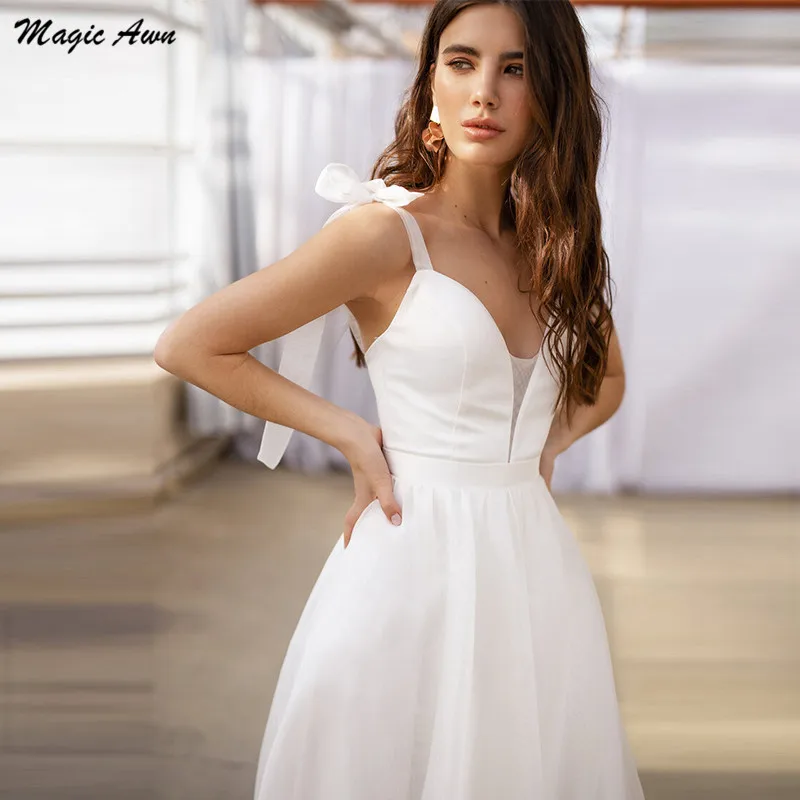 Magic Awn Simple Organza Beach Wedding Dresses 2021 Bow Spaghetti Straps Bohemian Mariage Gowns With Side Slit Robe Longue