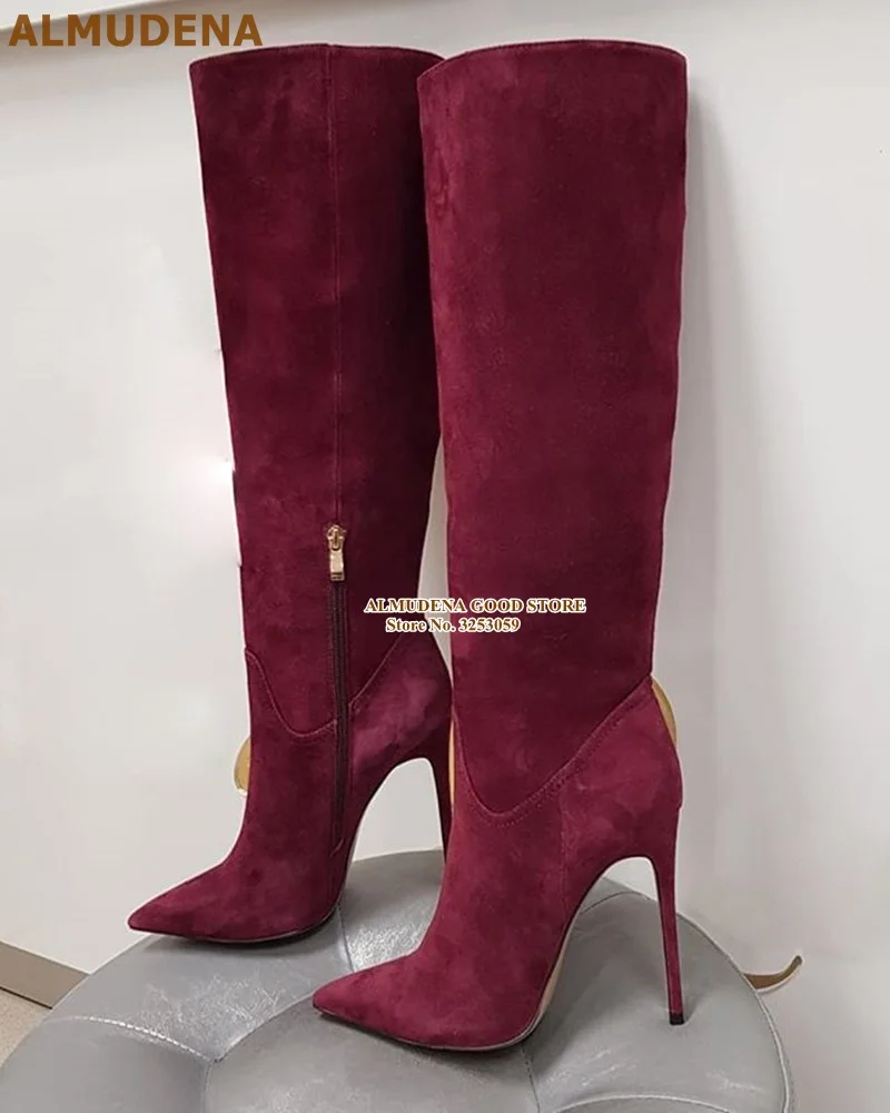 ALMUDENA Burgundy Coffee Suede Knee High Boots Elegant Stiletto Heel Pointy Toe Boots Fall Winter Long Dress Boots High Boots