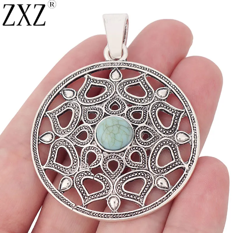 2pcs Tibetan Silver Filigree Flower with Green Resin Stone Charms Pendants For Necklace Jewelry Making Findings 65x48mm