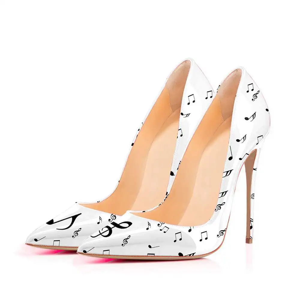 

Newest Women High Heel Shoes Musical Note Printed Lady Elegant Pumps Fashion Stilettos Pointed Toe Low Cut Party Dress Heels