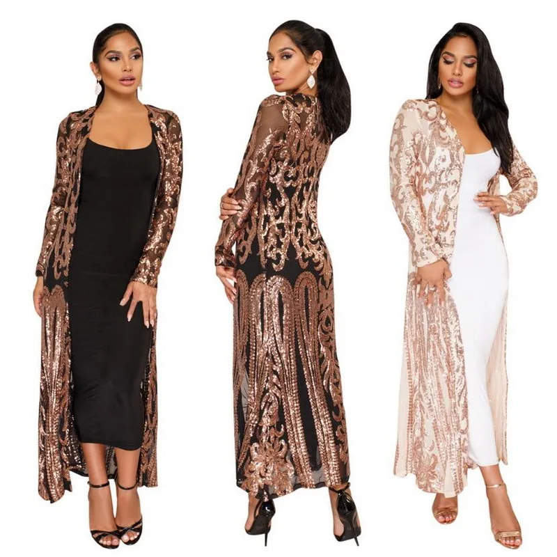 New Gold Sequins Sexy Long Cardigan Elegant Casual Women Full Sleeve Mesh See Through Coat Open Stitch Feminino Ouro Lantejoula