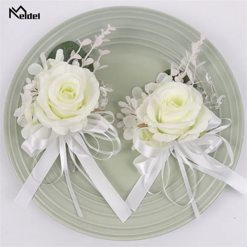 Meldel padrinhos boutonnieres noiva pulso corsage noivo boutonniere artificial rosa falso pérola cristal planejador de casamento flor