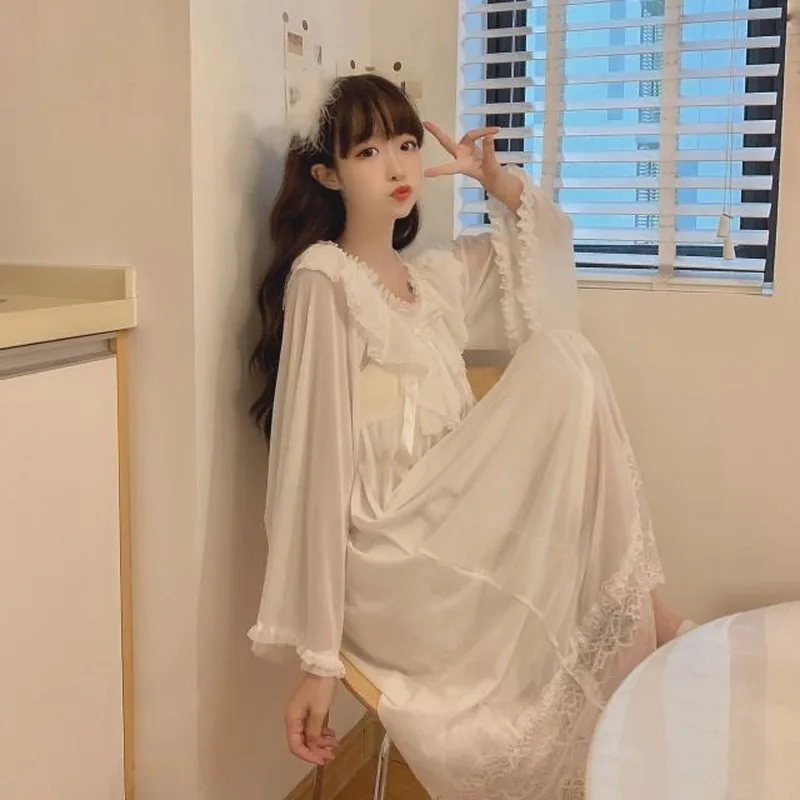 Nightgowns Women Fashion Long Sleeve Sleepshirts Puff  Sweet New Style Ruffle Summer Autumn  Womens Cute Sleepwear Lace