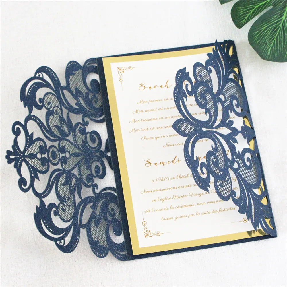 

Lace Laser Cut Wedding Invitation With Metallic Gold Insert And Transparent Belly Band Personalized Printing 50 Sets