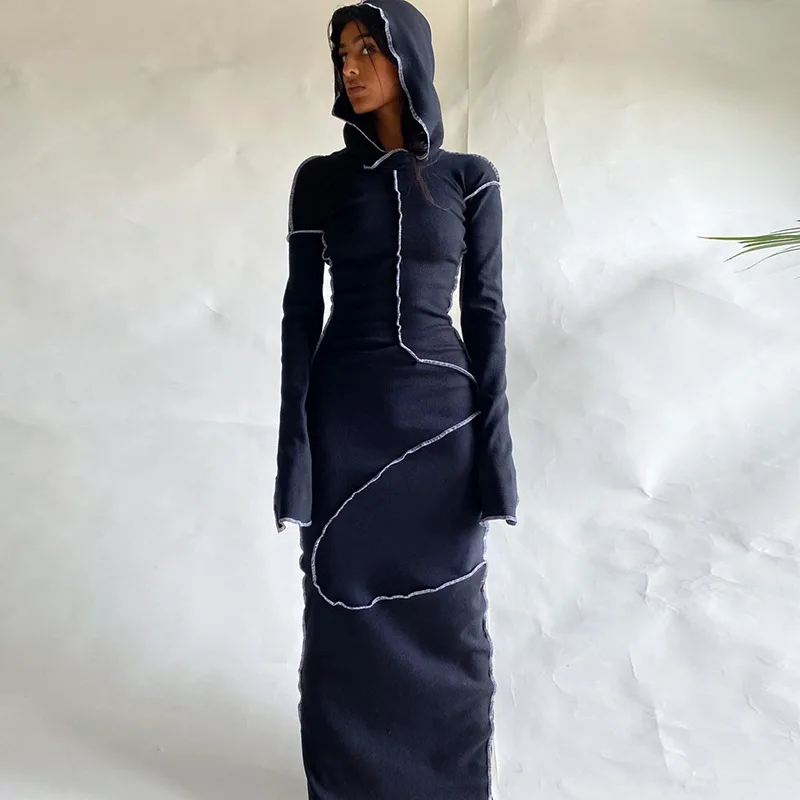 2023 Long Sleeve Hooded Patchwork Skinny Maxi Dress