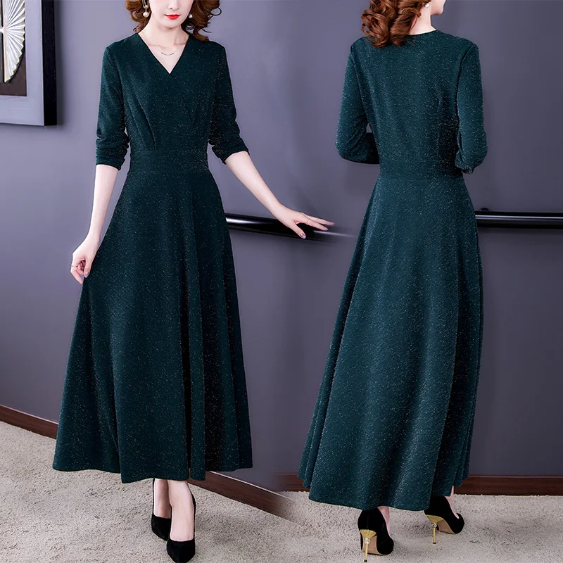 Elegante vestido maxi de seda brilhante feminino, bodycon com decote v, casual vestido midi, vintage coreano, monocromático, sexy, outono, inverno, 2024