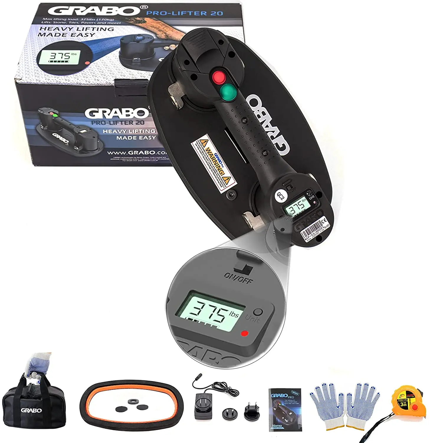 

Grabo Pro Electric Heavy Vacuum Suction Cup for Wood Drywall Granite Glass Tile Heavy Lifting Tool with Automatic OFF Switch Di