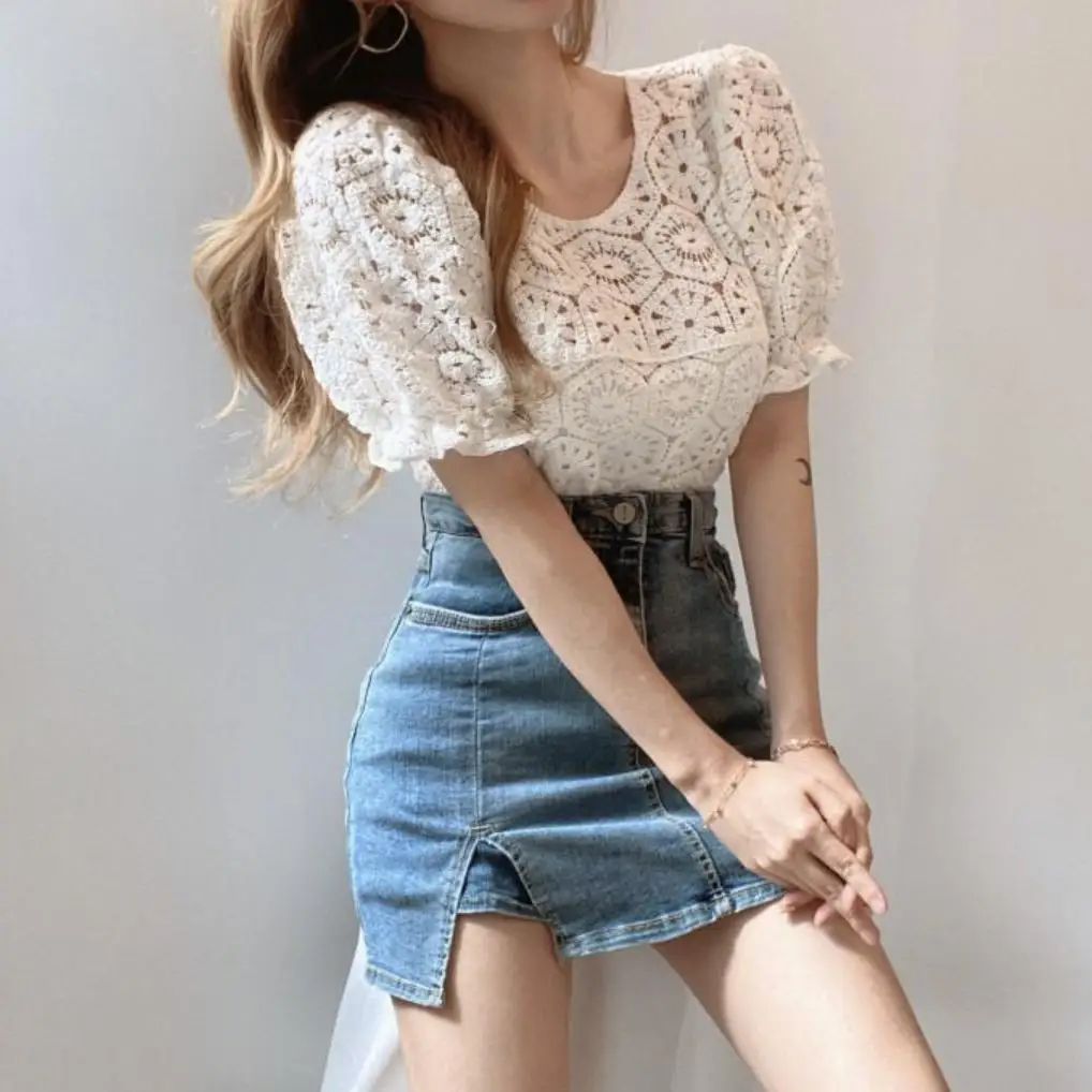 Blouses Women Retro Hollow Out Design Puff Sleeve Summer Office Lady Crop Top All-match Pure Simple Vintage Blusas Slim Clothing