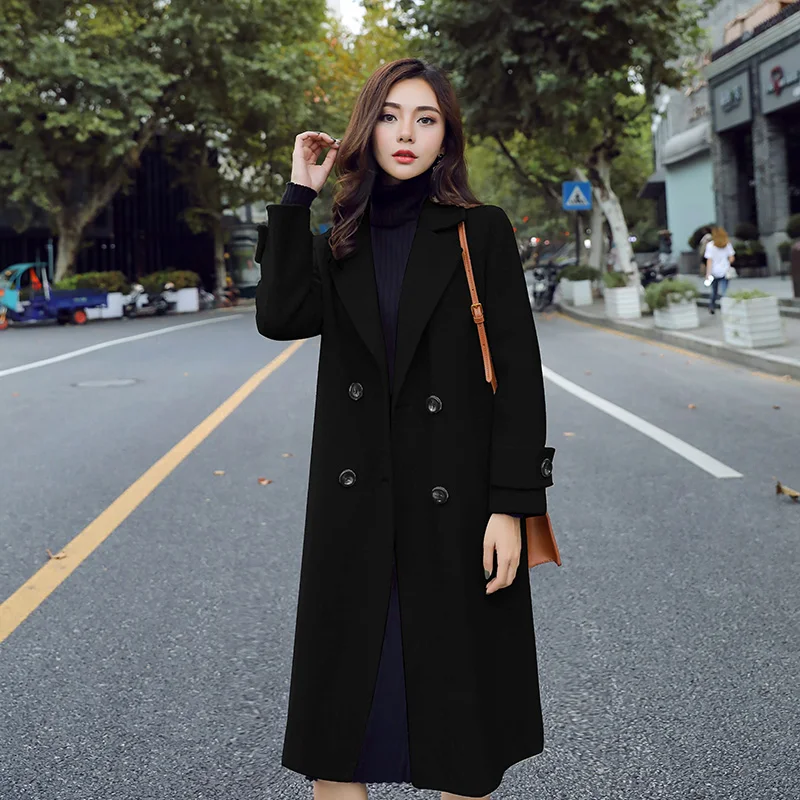 HANZANGL Autumn winter plus size woolen coat women long section Double Breasted Turn-down Collar blue ladies wool coats overcoat