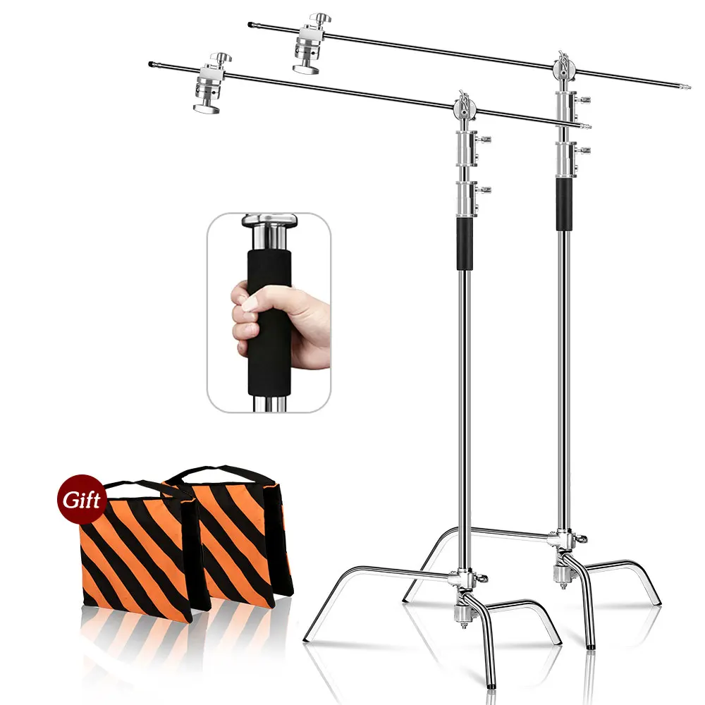 SH Stainless Steel Heavy Duty C Stand with Boom Arm Max Height 260cm Photography Light Stand with 107cm Holding Arm 2 Grip Head