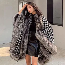 2023 Women's Fur Coat Poncho Wool Warm Fashion Houndstooth Knitted Cloak With Fur Trim Luxury Faux Silver Fox Fur Poncho Cape