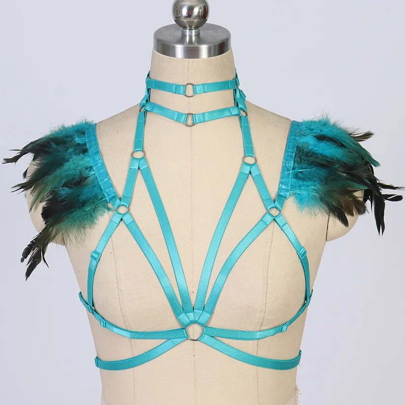 

JLX.HARNESS Blue Feather Wings Open Chest Bra Woman Goth Rave Feather Party Body Harness Belt Sexy Lingerie Body Bondage Harness