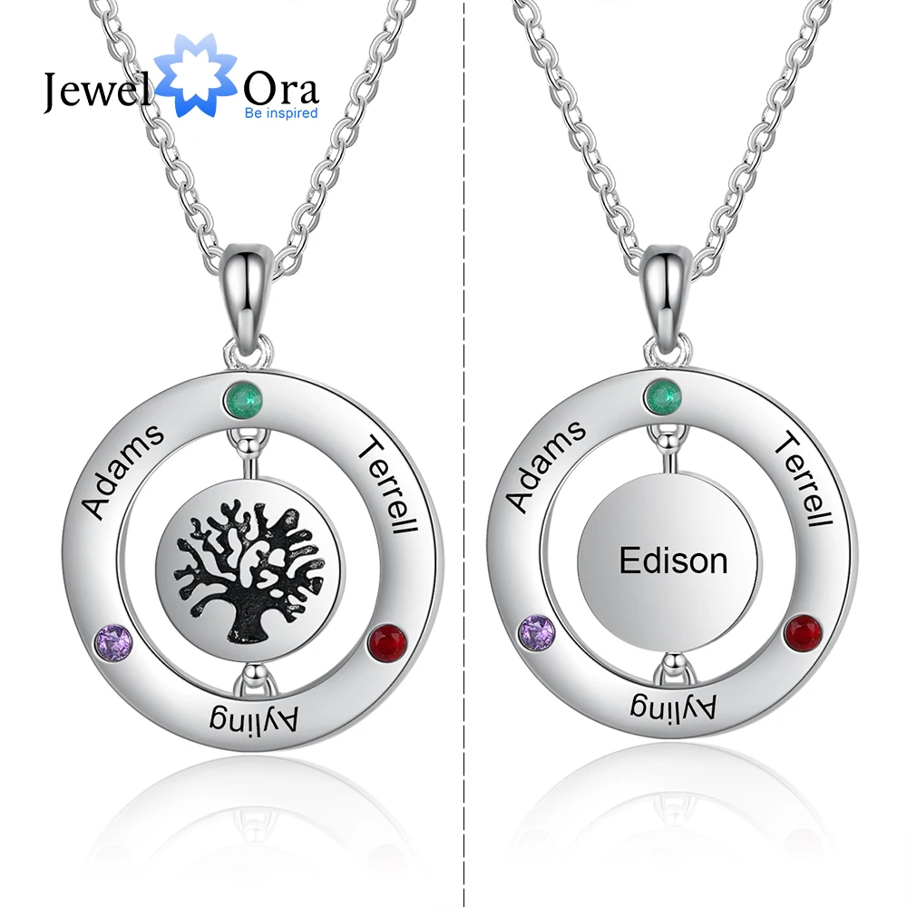 

JewelOra Designer Personalized Family Tree Pendant with 3 Birthstones Customized Name Engraved Rotatable Round Necklace Jewelry