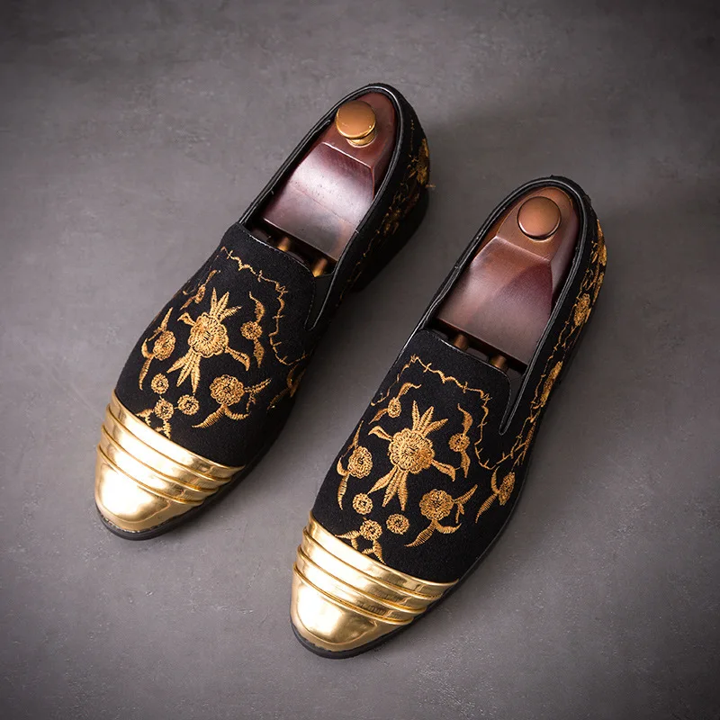 New Fashion Gold Top and Metal Toe Men Velvet Dress shoes italian mens dress shoes Handmade Loafers Party Flats Zapatos Hombre