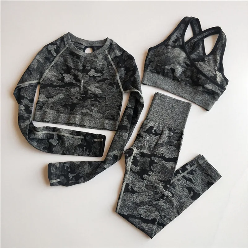 

Women Sportswear gym clothing Yoga Set Camouflage Fitness Sports Suits Sports bra long sleeve crop top seamless leggings 2PC Set