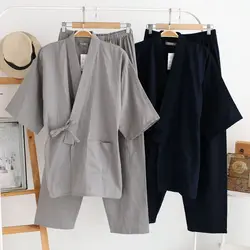 Conjunto de 2 uds de pantalones tipo cárdigan tipo kimono de estilo japonés, albornoz de algodón para hombre, traje para casa cómodo, bata, ropa de dormir informal diaria