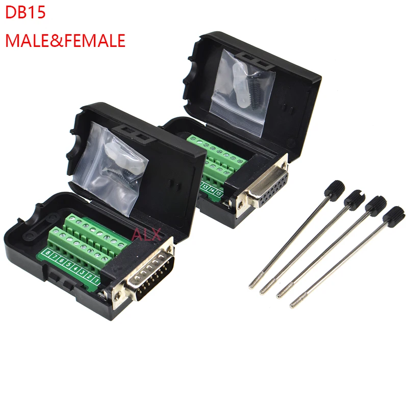 1PCS DB15 15PIN 2 row male female plug connector terminal adapter with black shell D-SUB wire cable free solder