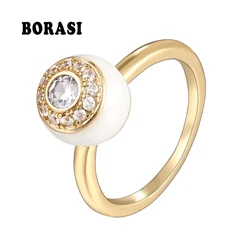 Stainless Steel Gold Silver Color Ceramic Rings for Women Ball Shape CZ Crystal Female Wedding Ring Party Christmas Gift