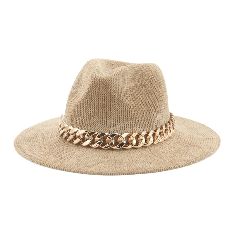 

Fedoras Corduroy Hats for Women Winter Hat Corduroy Men Hat Autumn Gold Chain Luxury Women Hat Chapeau Femme Bonnet Casquette