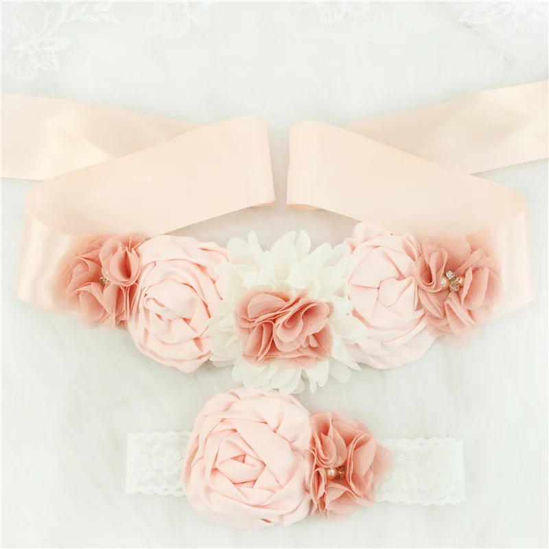 2pcs Fashion Vintage Pink/ivory Flower Belt Girl Woman Sash Belt Wedding Sashes Belt with Flower Headband for Kids Girl