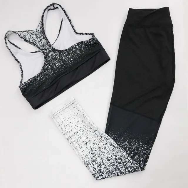 Women Fitness Yoga Set Sleeveless Top High Waist Pants Sportswear Gradient Print Leggings & Bra ombre Stretchy Running Gym Suits