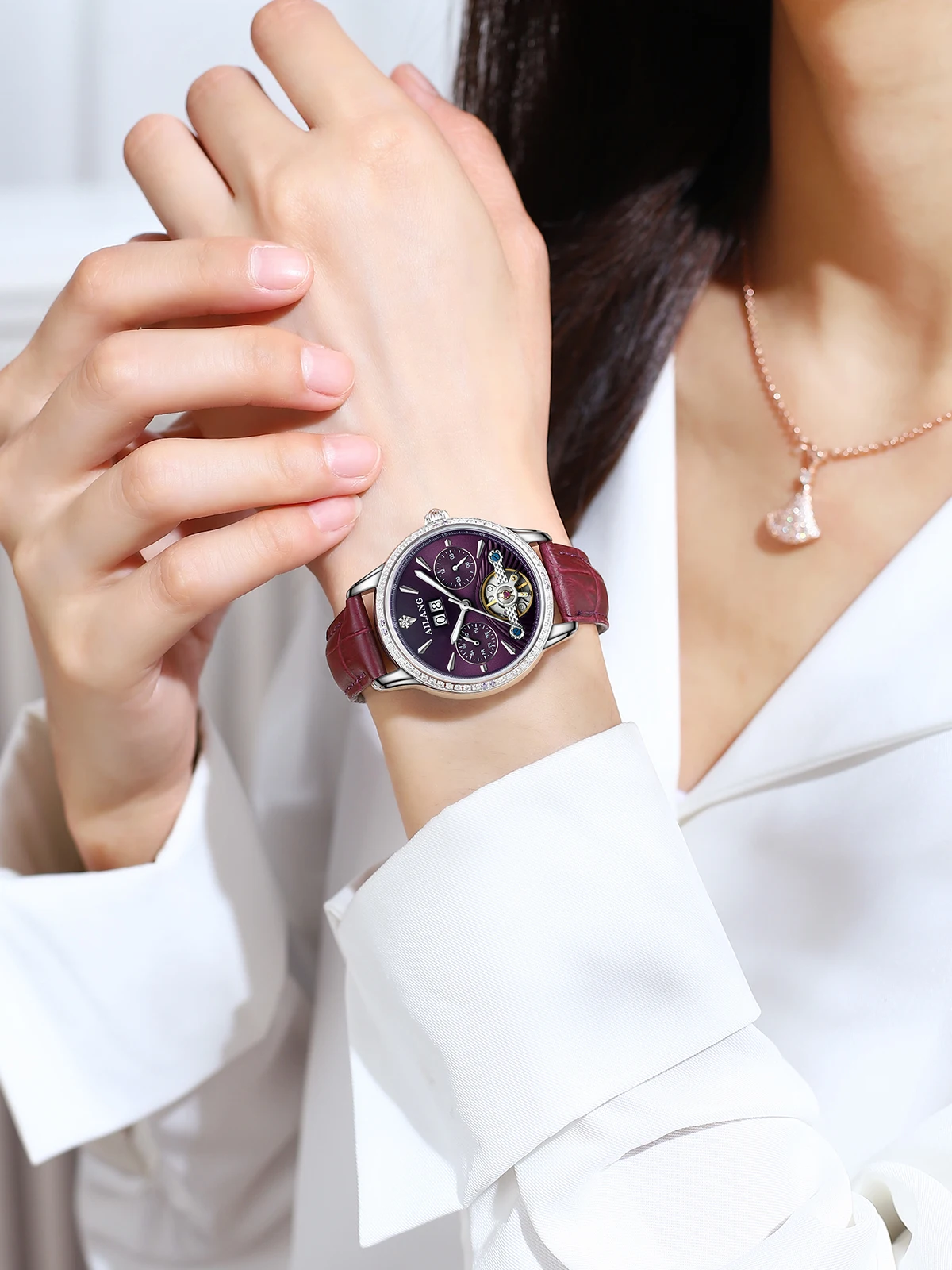 AILANG Women's Tourbillon Automatic Mechanical Watch Crystal Bezel Date Display Watch Waterproof Sports Wristwatch For Women view 6