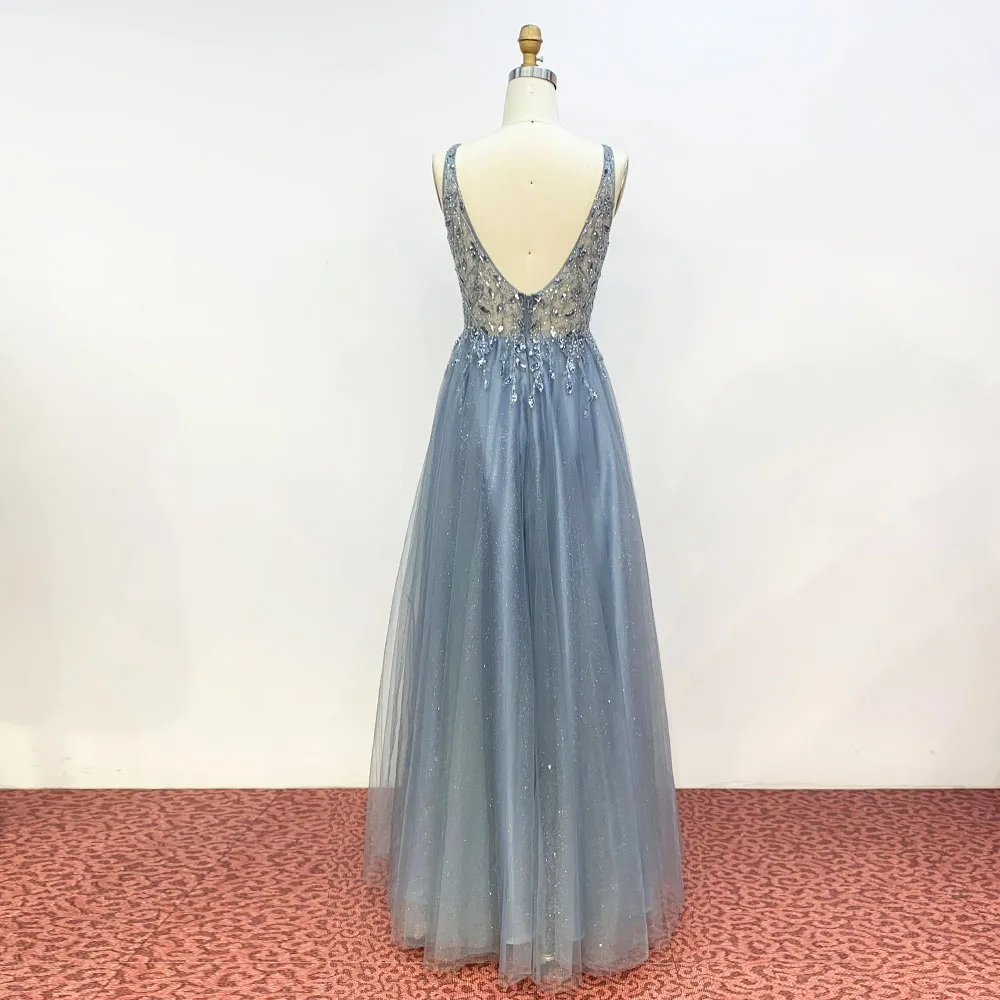 YQLNNE Simple Dusty Blue Long Prom Dresses Deep V Neck Tulle Crystal Beaded Formal Party Gown Backless