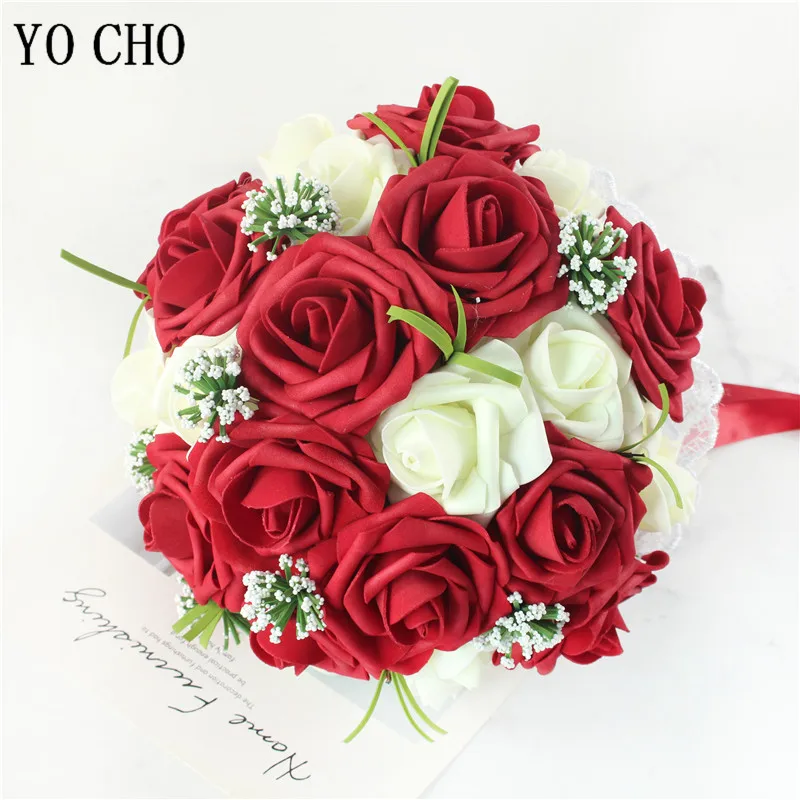 

YO CHO Cheap PE Rose Bridesmaid Wedding Foam flowers Red Rose Bridal bouquet Ribbon Fake Wedding bouquet de noiva Customized