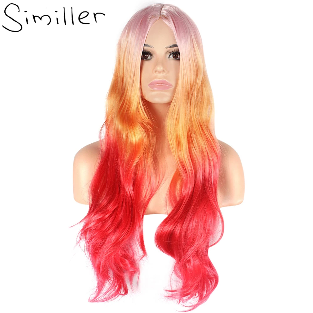 Similler Long Synthetic Wig for Women Wavy Hair Ombre Multicolor Cosplay Wig Central Part Gold Orange Rose Red 3 Tone