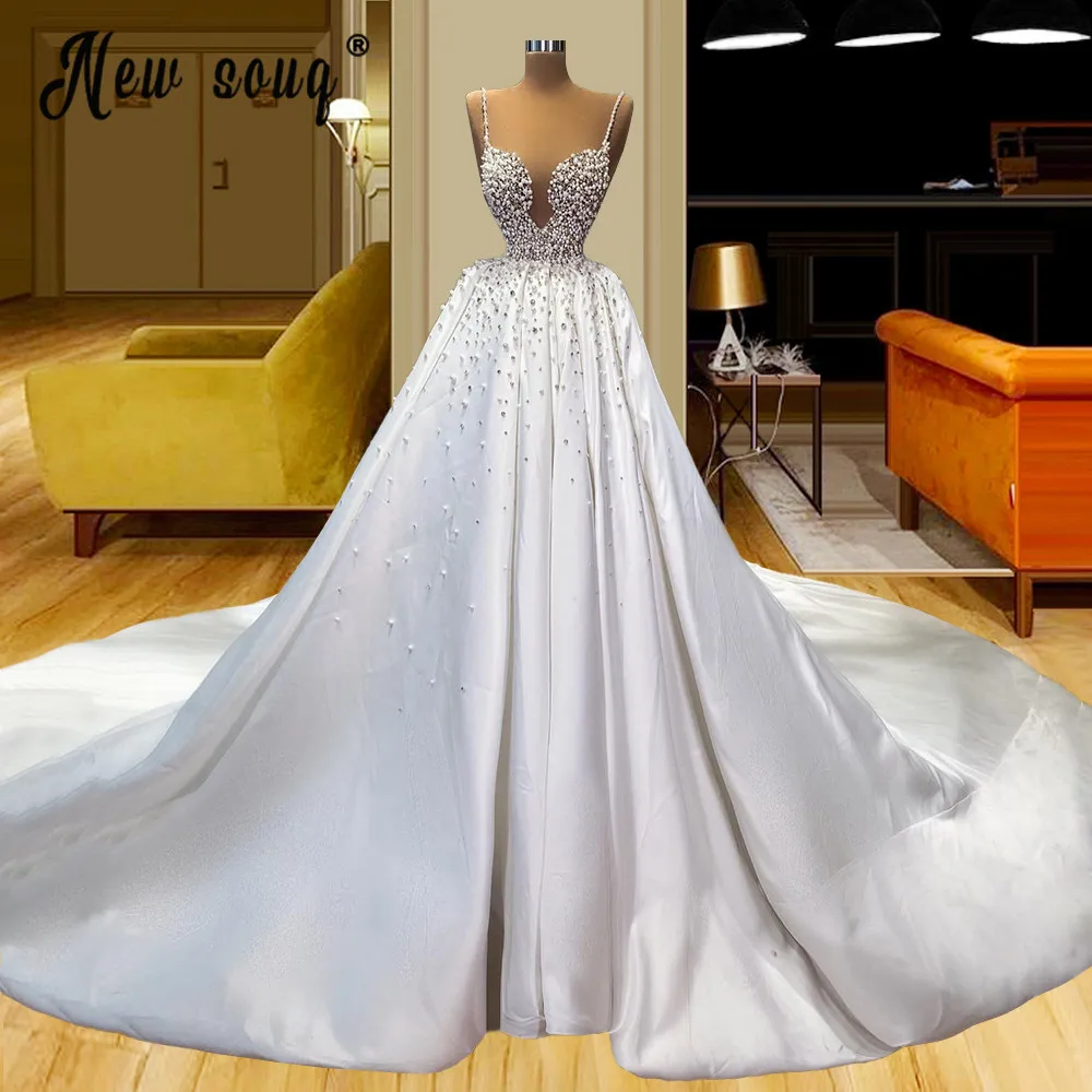 

Luxury Elegant Pearls Crystals Wedding Dress Sparkling Beaded Sweetheart Satin Long Bridal Robes Custom Made Vestido De Novia