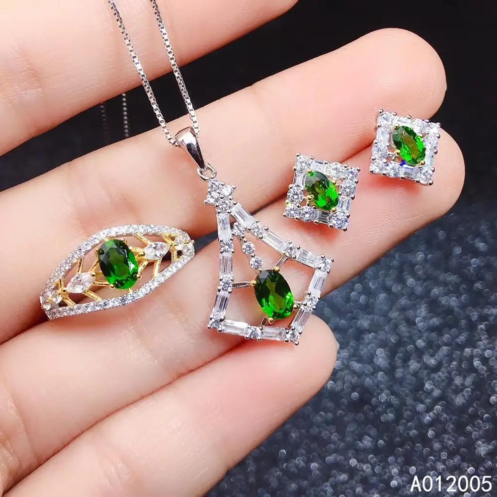 

KJJEAXCMY Fine Jewelry 925 sterling silver inlaid natural diopside ring pendant earring set vintage supports test