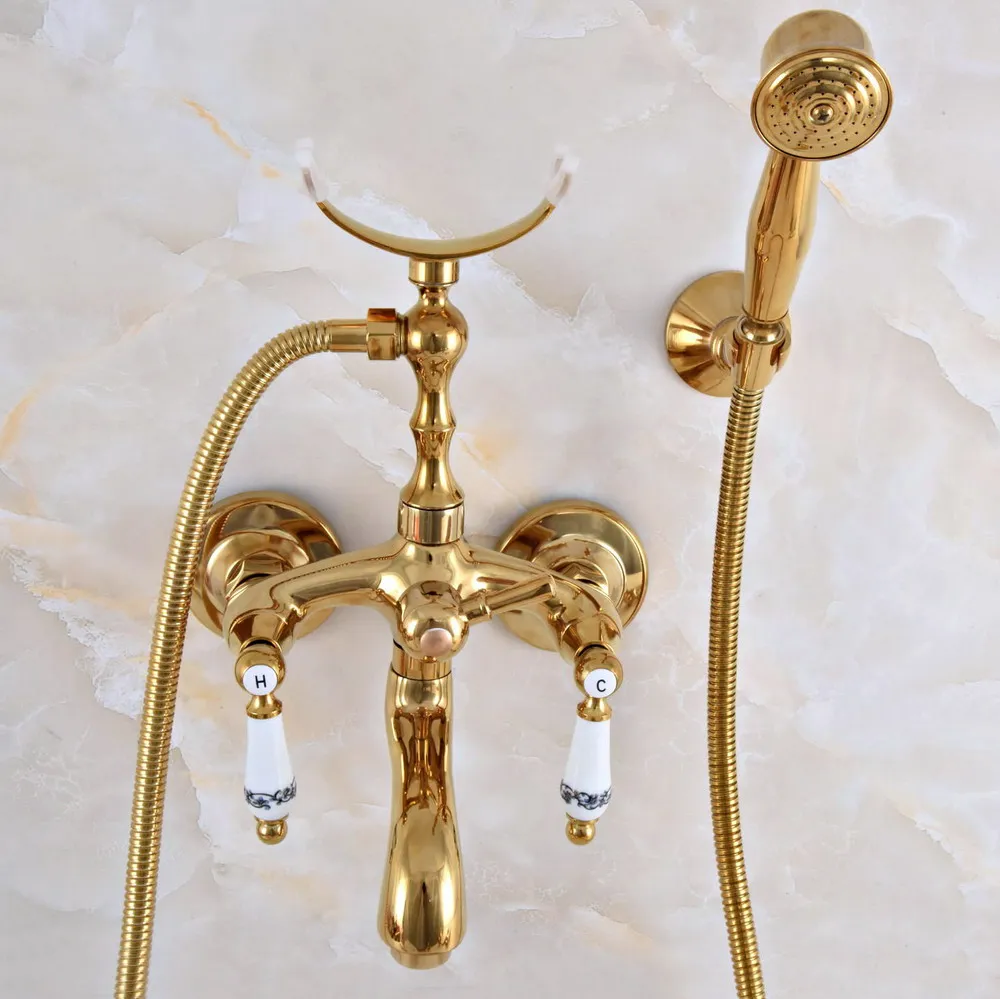 Luxury Gold Color Brass Wall Mounted Bathroom Bath Tub Faucet Set with 1500MM Hand Held Shower Spray Mixer Tap 2na963