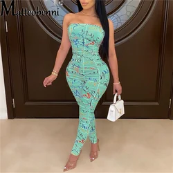 2021 Summer Women Fashion Printing Folds Strapless Tube Top Sleeveless Slim Drape Street Rompers Sexy Night Club Party Jumpsuit