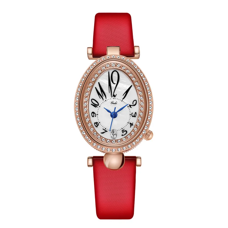 Fashion Rose Gold Dress Watches Women Red Genuine Leather Oval Dial Roman Numeral Stylish Quartz Female Wristwatch Gift Clock