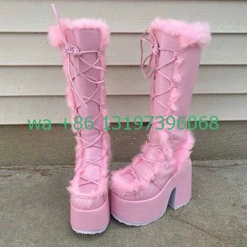 Women's hot pink platform boots lace up plush punk shoes calf boots pink boots thick square heel catwalk everyday wear boots