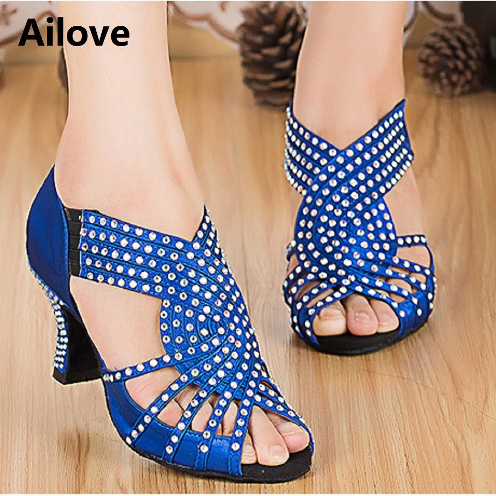 Rhinestones Ballroom Latin Dance Shoes Women Salsa Rumba Performance Peep-toe Danc Sandals Multiple Heel Height ALS035