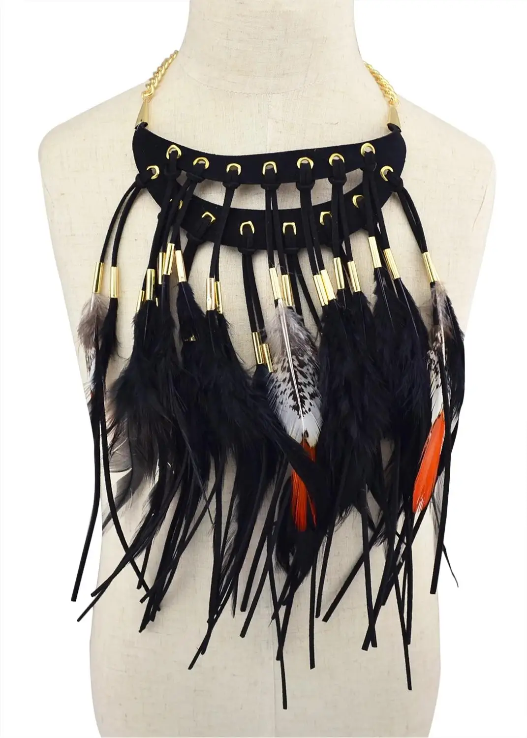 Black Brown Long Feather Pendants Indian Ethnic Necklace Vintage Bohemia African Hyperbole Hippie Charm Collar Statement Jewelry