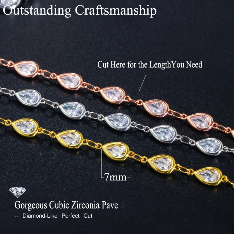 CWWZircons 50cm Handmade Shiny Cubic Zirconia Bead Long Necklace Bracelet Anklet Link Chain for DIY Jewelry Making Material D004