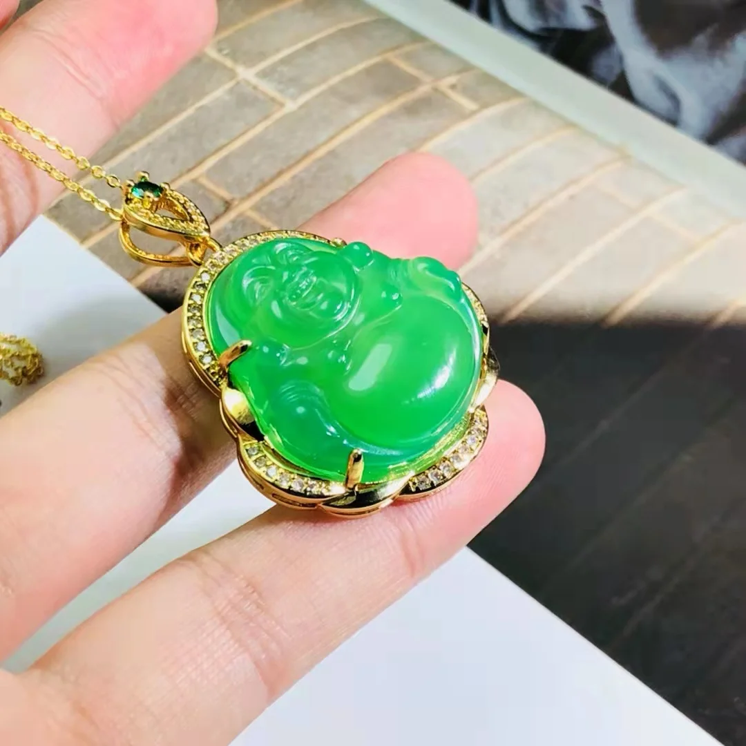 

Neck Art Decoration Natural Agate Chalcedony Inlaid Jade S925 Silver Gold Plated Pendant Necklace Jewelry Buddha