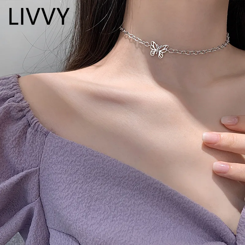 LIVVY فضي اللون موضة الإبداعية عقد بحلية متدلية على شكل فراشة قلادة امرأة بسيطة سلسلة الترقوة مزاجه الهدايا