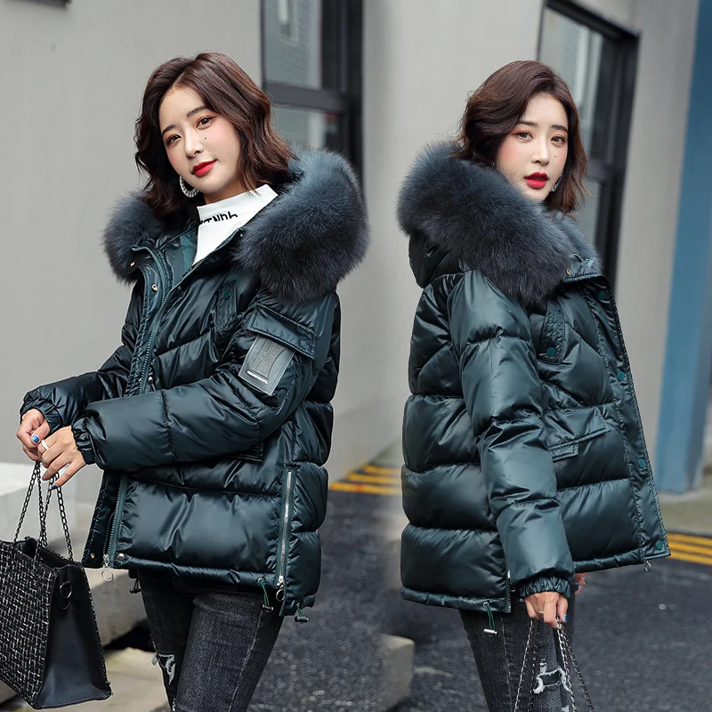 Hooded Parkas Women 2021Thick Warm Short Gloosy Parka Coat Fashion Pocket Winter Jackets Women Solid Casual Coat With Fur Collar