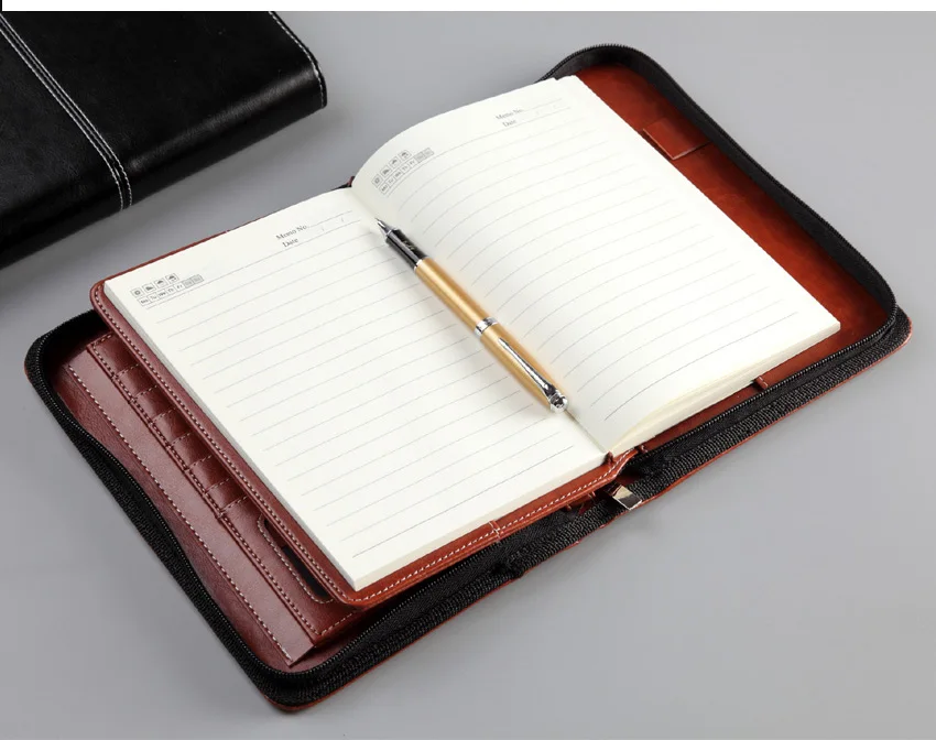 Business Portfolio Padfolio Folder Document Case Organizer A5 PU Leather Notebook Planner with zipper handle Office Organizer