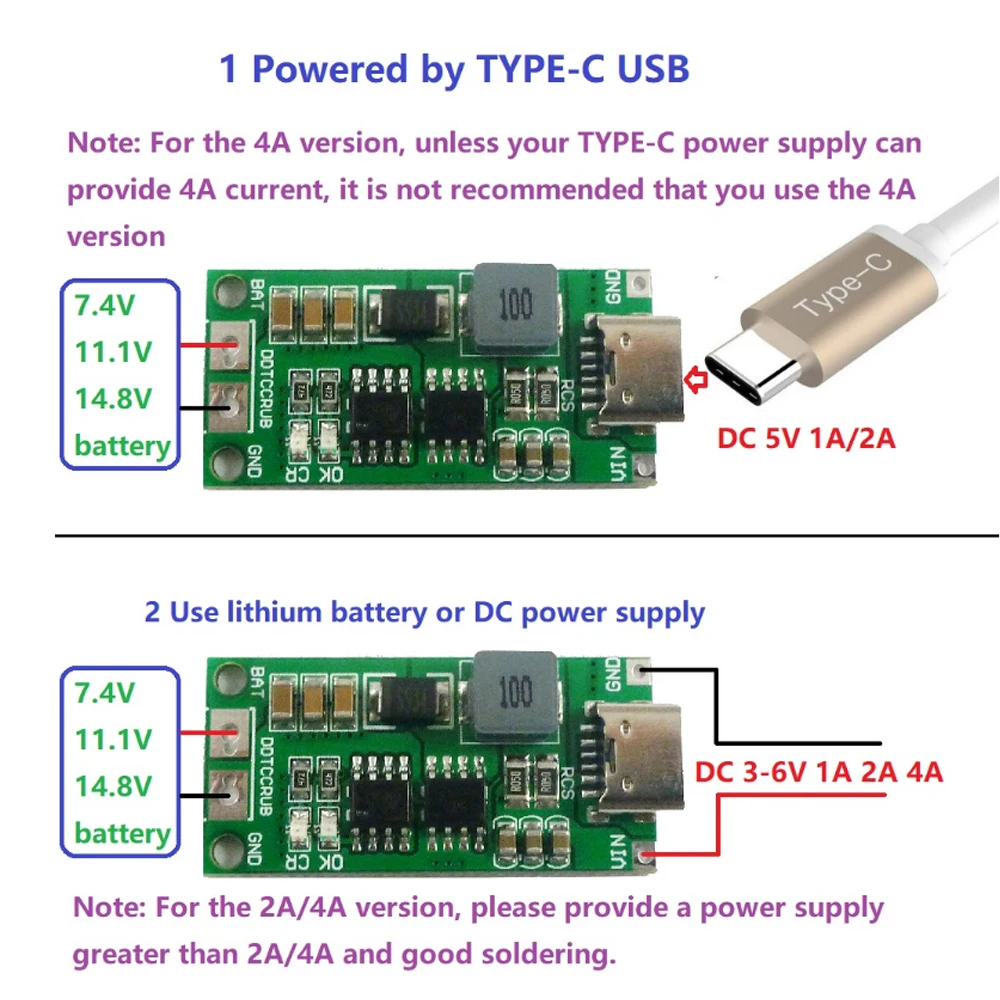 Multi-Cell 2S 3S 4S TypeC To 8.4V 12.6V 16.8V Step-Up Boost Polymer Li-ion Charger Module 7.4V 11.1V 14.8V 18650 Lithium Battery