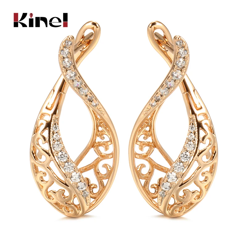 Kinel 2022 Trend Earrings 585 Rose Gold Micro Wax Inlay Natural Zircon Hollow Flower Drop Earrings For Women Vintage Jewelry