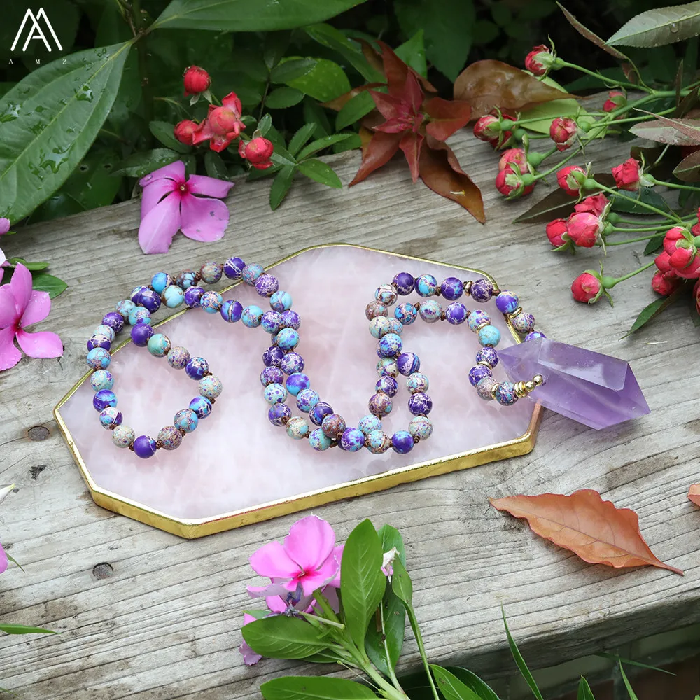Natural Amethysts Quartz Double Point Pendant Sea Sediment Jaspers Beads Knotted Handmade Necklace Yoga Jewelry