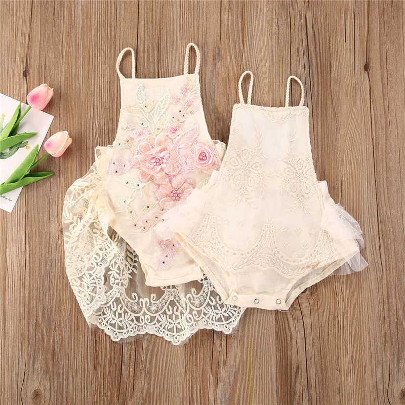 Summer Newborn Baby Girls Clothes Sleeveless Lace Crochet Flower Halter Neck Backless Romper Jumpsuits One-piece Outfit Sunsuit