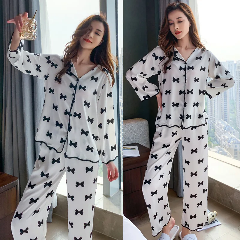 

Women Spring Summer Pajamas Set Sleepwear White Printed Bow Trouser Suits Loose Faux Silk Satin Pyjama Pour Femme Home Clothes